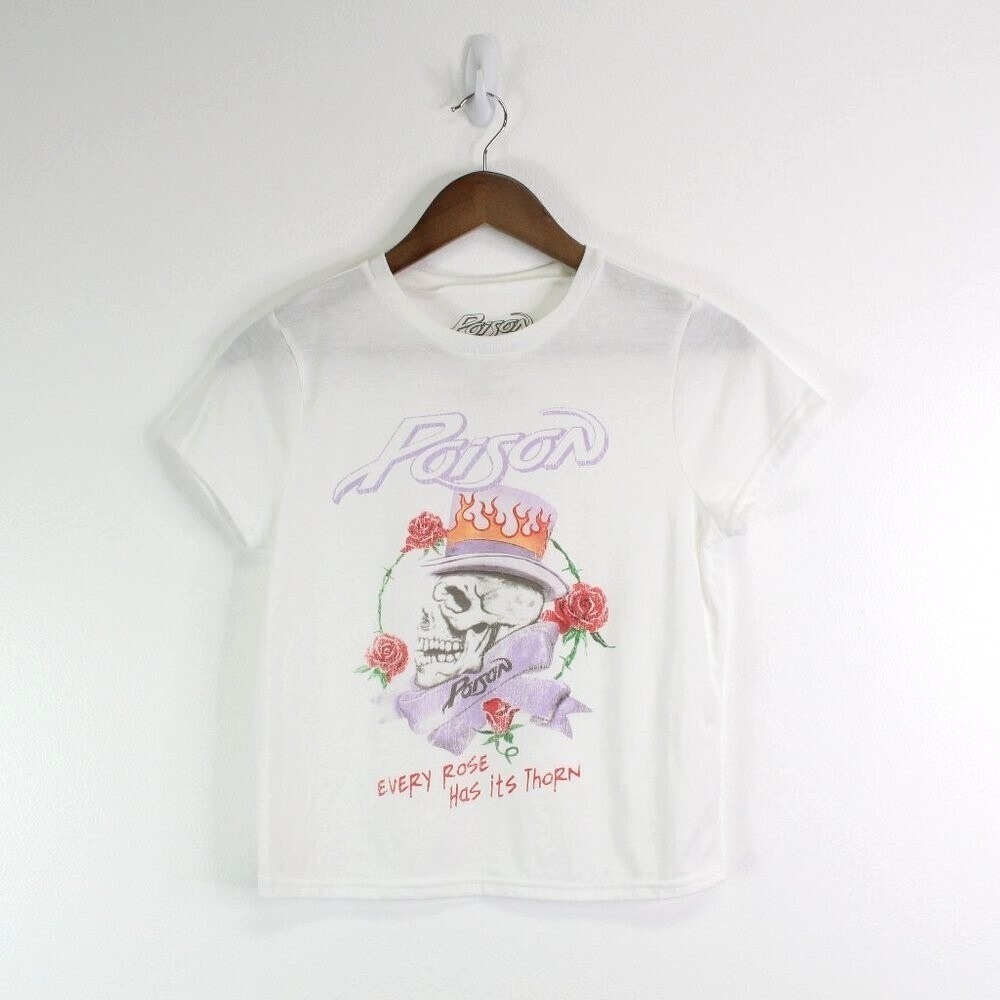 Poison "Every Rose has it's thorn" Graphic‎ Baby Tee White M